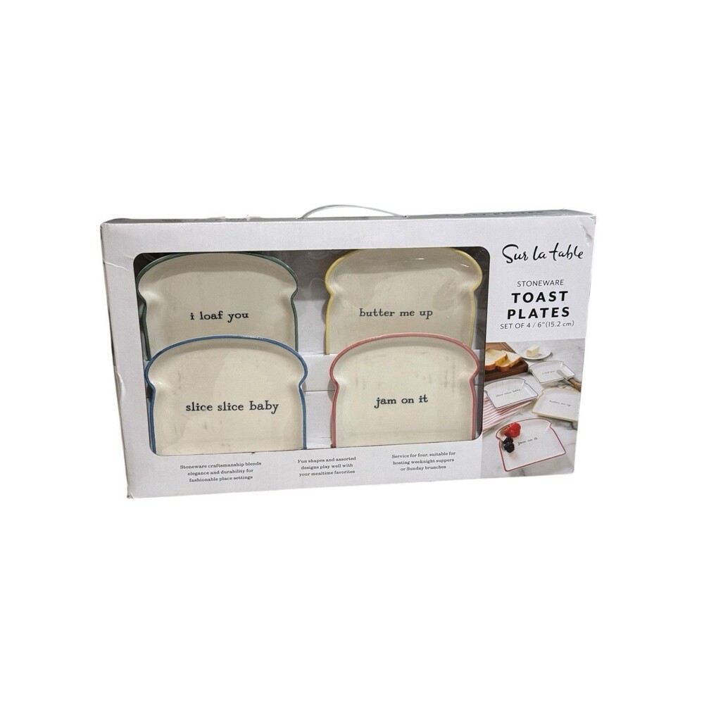 Sur La Table Toast Plates Set 4 Stoneware 6” I Loaf You Butter Jam New In Box
